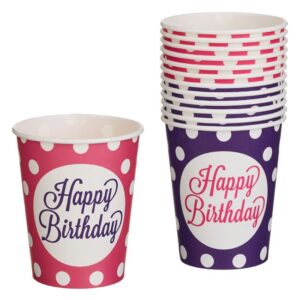 Pahare de Petrecere din Carton Fucsia Mov cu Buline "Happy Birthday" 240ml - 12buc