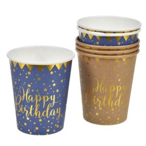 Pahare de Petrecere din Carton Kraft Albastru cu Stele din Folie Aurie "Happy Birthday" 240ml - 6buc