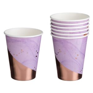 Pahare de Petrecere din Carton Lila Marble cu Folie Aurie 360ml - 6buc