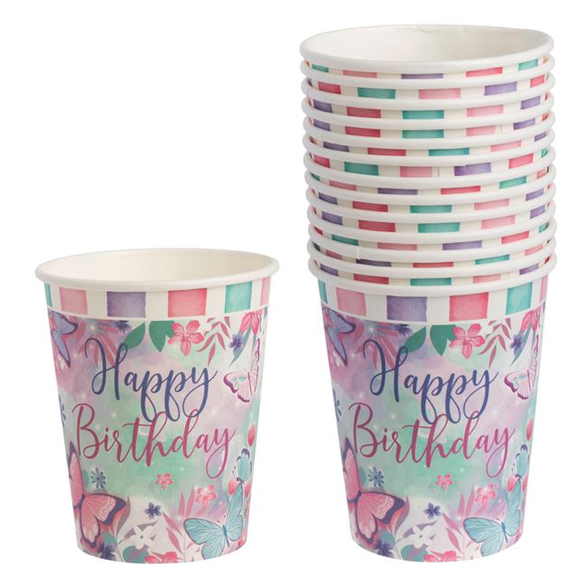 Pahare din Carton de Petrecere Albe Roz Verde Menta Fluturi "Happy Birthday" 240ml - 12buc