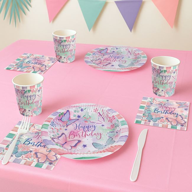 Pahare din Carton de Petrecere Albe Roz Verde Menta Fluturi "Happy Birthday" 240ml - 12buc