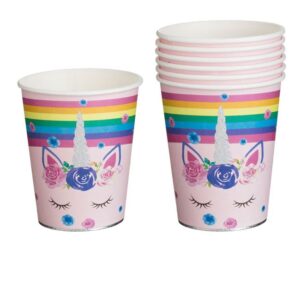 Pahare din Carton de Petrecere Roz Unicorn Rainbow cu Detalii Holografice 240ml - 6buc