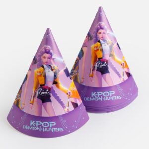 Palarii Party din Hartie Lila cu Model K-POP Demon Hunters 16cm - 6buc