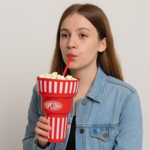 Popcorn Drink Cup Pahar Rosu cu Pai Ø14,5x22,5cm