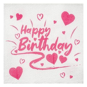 Servetele de Masa cu 1 Strat Happy Birthday Inimi 33x33cm - 40buc