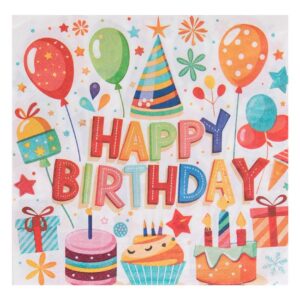 Servetele de Masa cu 2 Straturi Ecru Baloane Cadouri Dulciuri "Happy Birthday" 33x33cm - 20buc