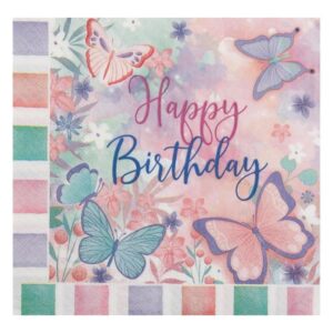 Servetele de Masa cu 2 Straturi Roz Verde Menta Fluturi "Happy Birthday" 33x33cm - 20buc