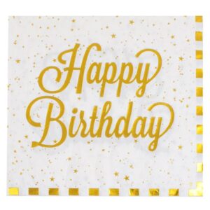Servetele de Masa de Petrecere Albe cu Dungi din Folie Aurie Happy Birthday 33x33cm - 12buc