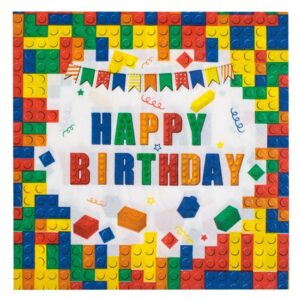 Servetele de Masa de Petrecere cu 1 Strat Albe Caramizi Colorate Happy Birthday 33x33cm - 20buc