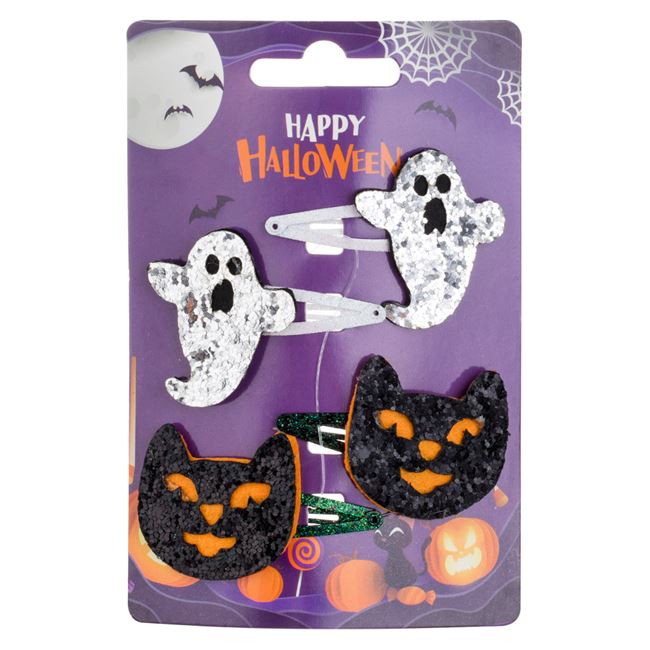 Set Clame Metalice Par Fantoma Alba Verde cu Glitter Argintiu & Pisica Neagra de Halloween 5.5x4cm - 4buc