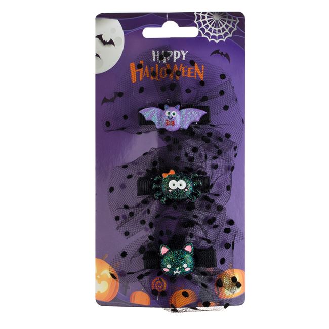 Set Clame Par Negre cu Tul Liliac Pisica Paianjen Glitter 8cm - 3buc