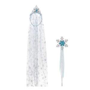 Set Coronita Par cu Voal Lung & Bagheta cu Fulb Bleu Argintiu Glitter Margele