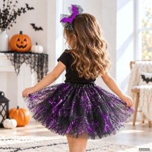 Set de Carnaval Halloween cu Fusta Tutu Mov cu Panze de Paianjen si Bentita Neagra cu Liliac Mov - 2buc