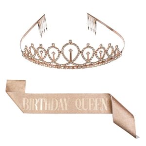 Set de Petrecere cu Panglica & Coroana cu Strass Roz Auriu Glitter "Birthday Queen" - 2buc