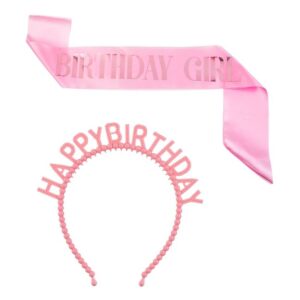 Set de Petrecere cu Panglica & Coronita Par cu Margele Roz "Birthday Girl" - 2buc