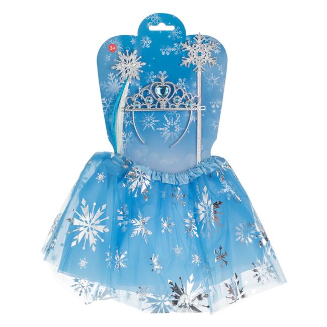 Set Deghizare cu Fusta Tutu Bleu Fulgi din Folie Argintie Coronita Bagheta & Clama - 4 piese