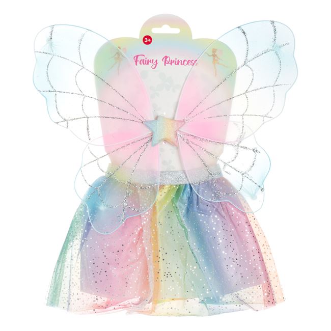Set Deghizare cu Fusta Tutu Rainbow Stele Argintii & Aripi Rainbow cu Stea Argintie Glitter - 2buc