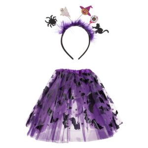 Set Deghizare de Halloween cu Fusta Tutu Mov Lilieci Coronita Par Neagra cu Pene Mov Figurine - 2buc
