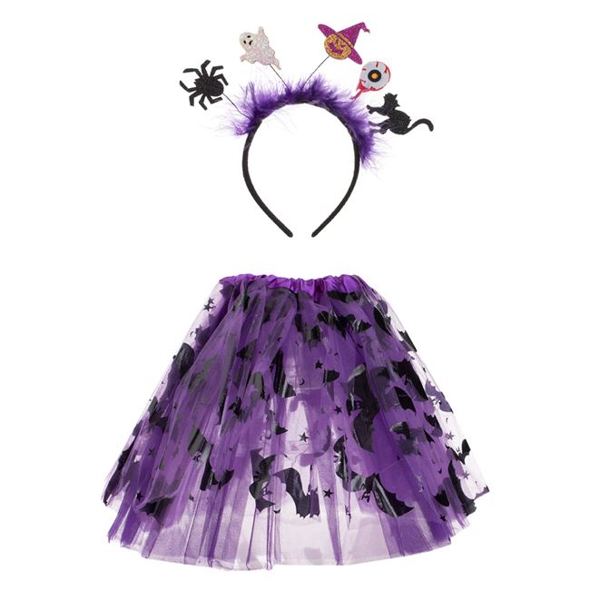 Set Deghizare de Halloween cu Fusta Tutu Mov Lilieci Coronita Par Neagra cu Pene Mov Figurine - 2buc