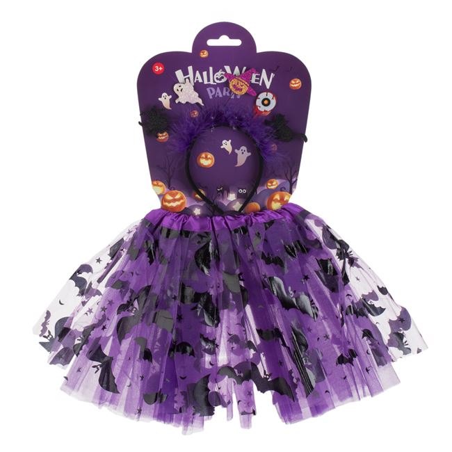 Set Deghizare de Halloween cu Fusta Tutu Mov Lilieci Coronita Par Neagra cu Pene Mov Figurine - 2buc