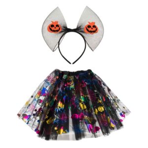 Set Deghizare de Halloween cu Fusta Tutu Tesatura Panza Holografica & Coronita Neagra - 2buc