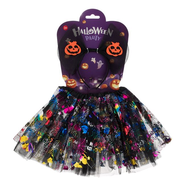 Set Deghizare de Halloween cu Fusta Tutu Tesatura Panza Holografica & Coronita Neagra - 2buc