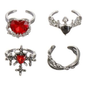 Set Inele Gothic cu Pietre Negre & Rosii - 4buc