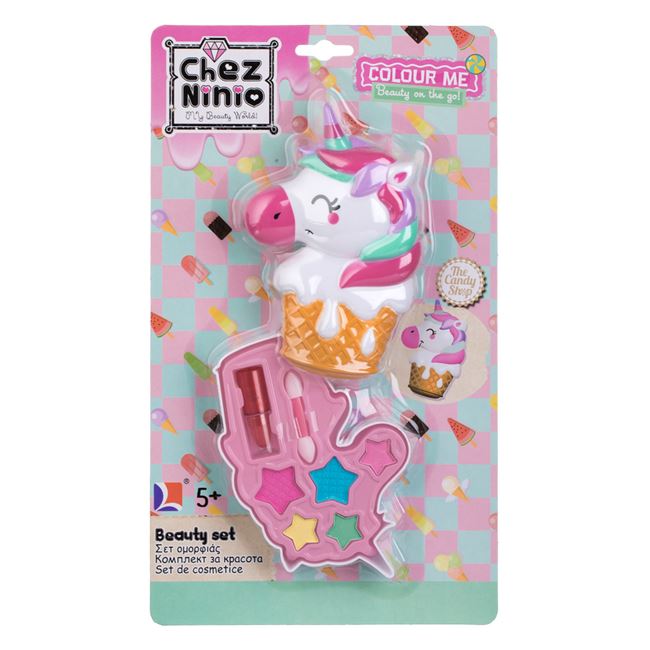 Set Machiaj Cupcake Unicorn cu Fard de Ochi & Ruj de Buze pentru Copii 9x2x14cm