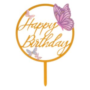 Topper Tort Auriu Happy Birthday Fluturi din Plastic Ø12x17cm