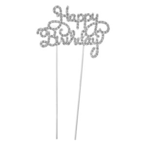 Topper Tort Happy Birthday Metalic Argintiu cu Strass 10.5x21cm